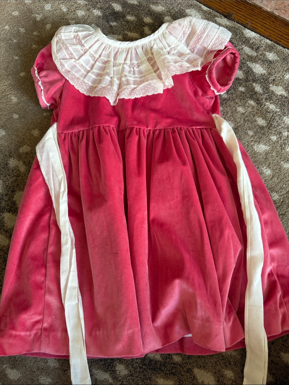 Pink Velvet Dress with White Ruffle Collar and Sash